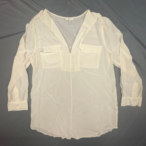 Joie Silk Blouse Cream Ivory Sheer V-Neck Medium Short Sleeve Work Top - Picture 1 of 6
